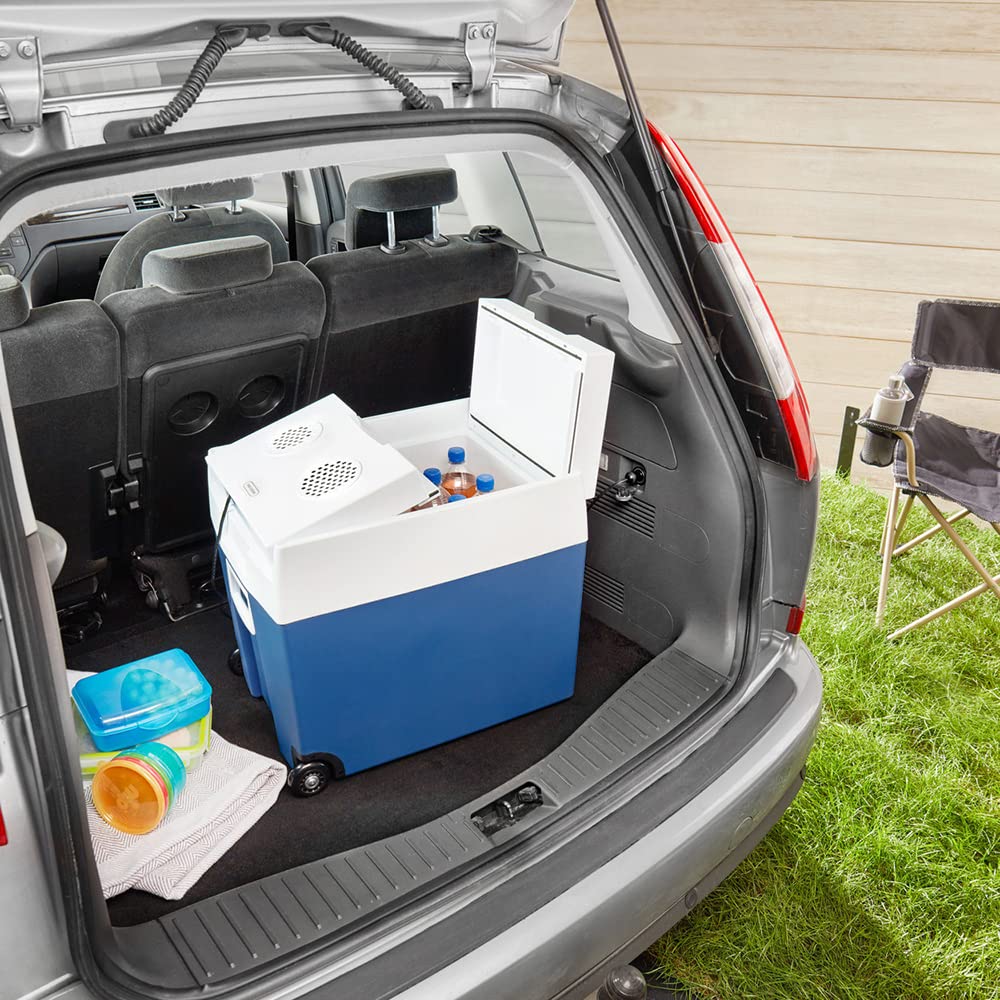 Glacière électrique portable 48L 12V 230V avec roues couvercle divisé et grille amovible pour camping voiture et activités outdoor