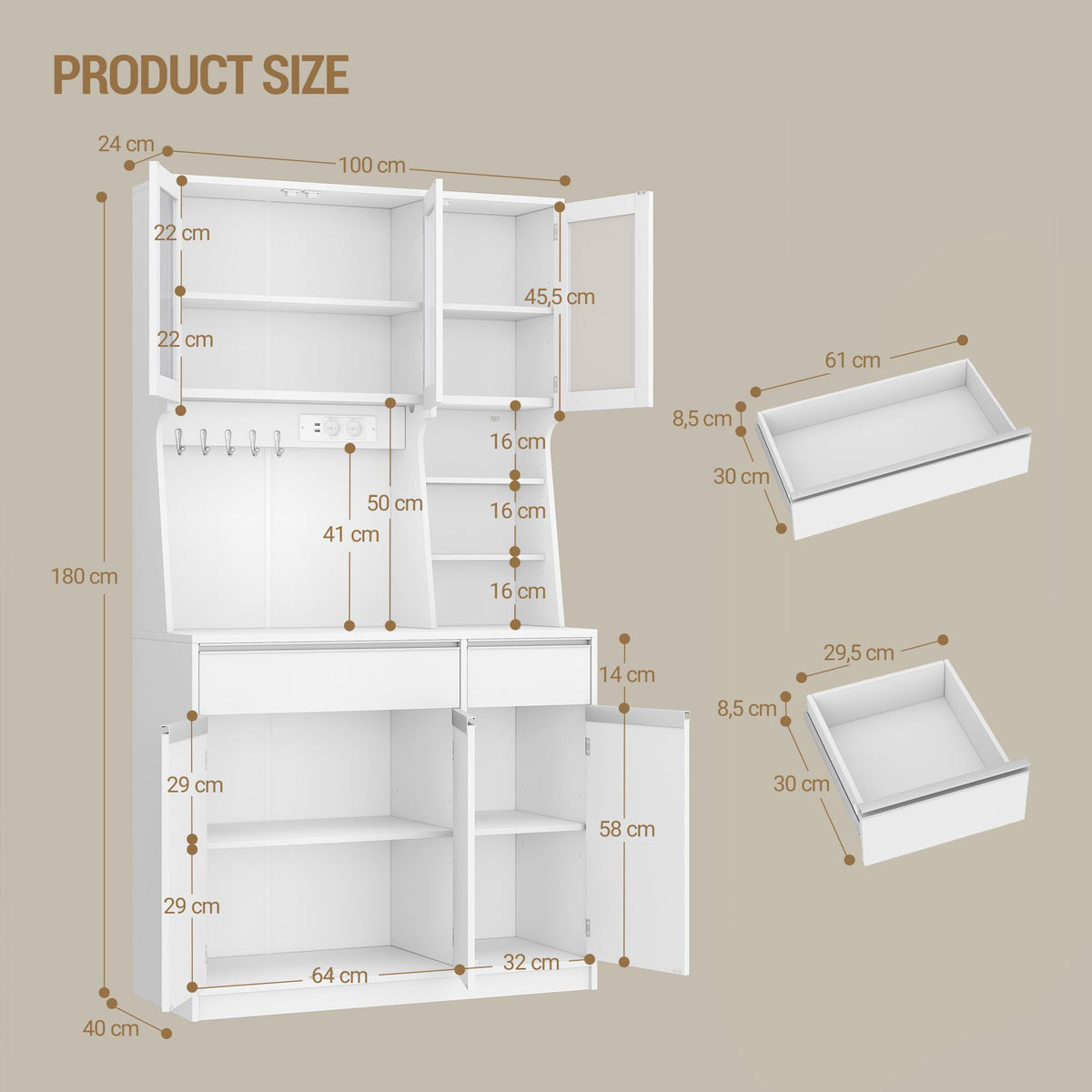 Armoire de cuisine avec rangement et éclairage LED PT00103XEU 40 x 100 x 180 cm avec prises intégrées et tiroirs
