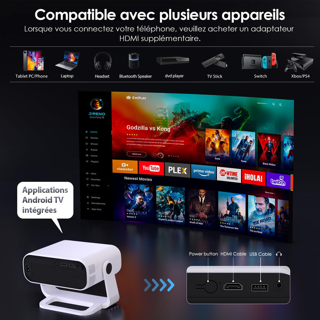 Vidéoprojecteur intelligent 1080P Android 14 4K Wi-Fi 6 Bluetooth 5.2 240 ANSI Focus électrique HDMI USB portable