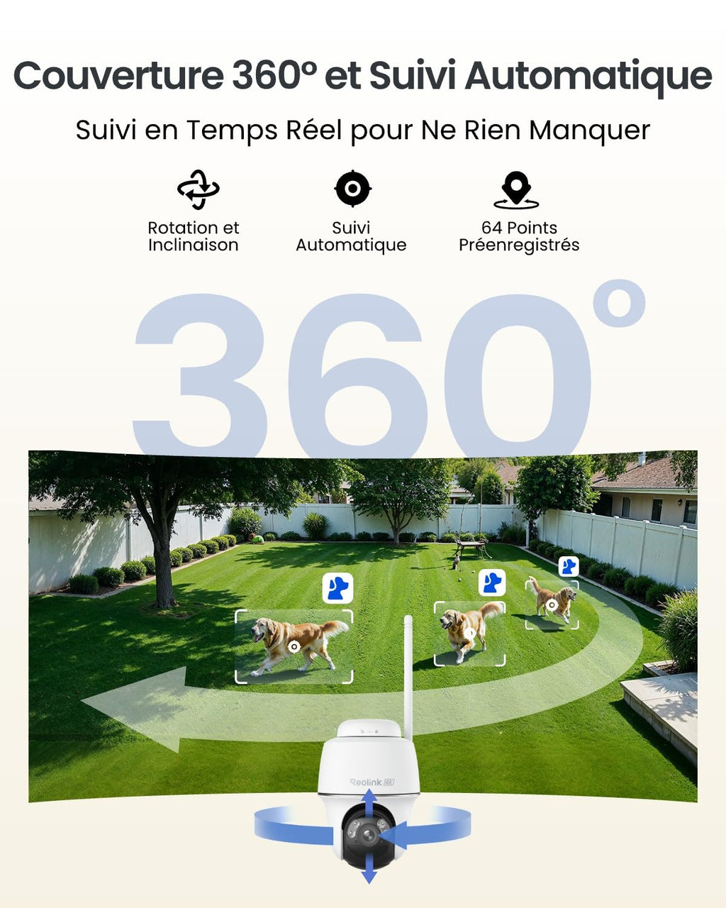 Caméra de Surveillance Extérieure WiFi 6 4K 8MP Argus PT Ultra Solaire PTZ 360° Suivi Automatique Détection IA Vision Nocturne Couleur Batterie
