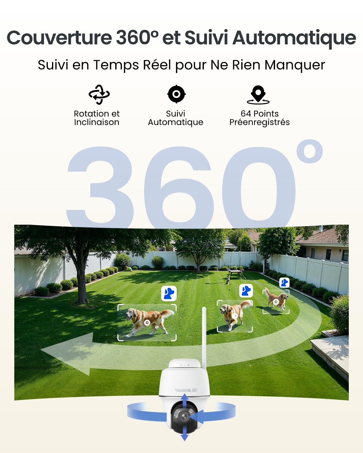 Caméra de Surveillance Extérieure WiFi 6 4K 8MP Argus PT Ultra Solaire PTZ 360° Suivi Automatique Détection IA Vision Nocturne Couleur Batterie