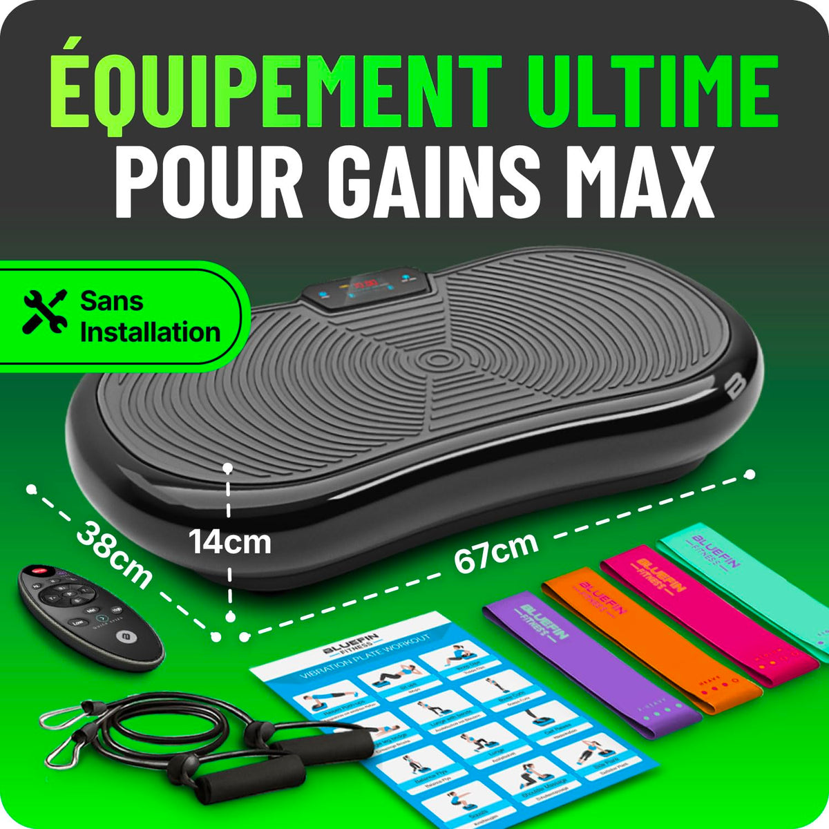 Plateforme Vibrante d’Exercice Corps Entier 180 Niveaux 5 Programmes Écran LCD Télécommande Câbles d’Entraînement Charge 100 kg