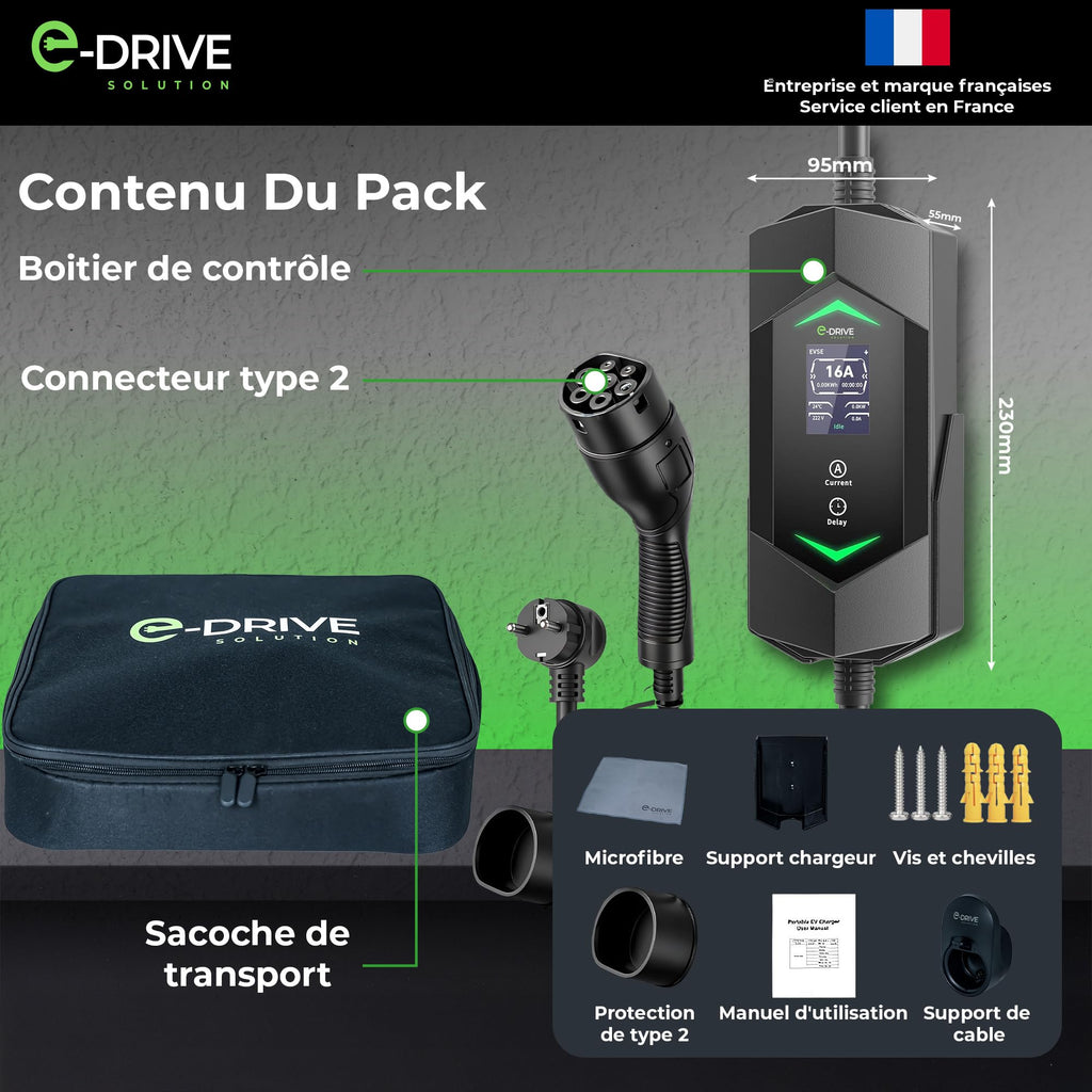 Chargeur voiture électrique Type 2 16A 3,7 kW câble 6m avec écran LCD départ différé support mural protection intégrée