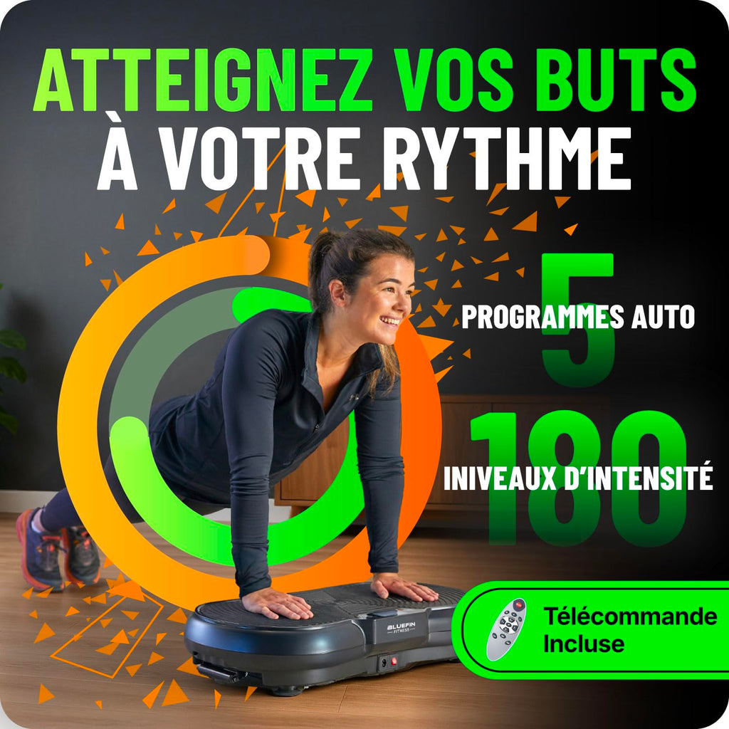 Plateforme Vibrante d’Exercice Corps Entier 180 Niveaux 5 Programmes Écran LCD Télécommande Câbles d’Entraînement Charge 100 kg
