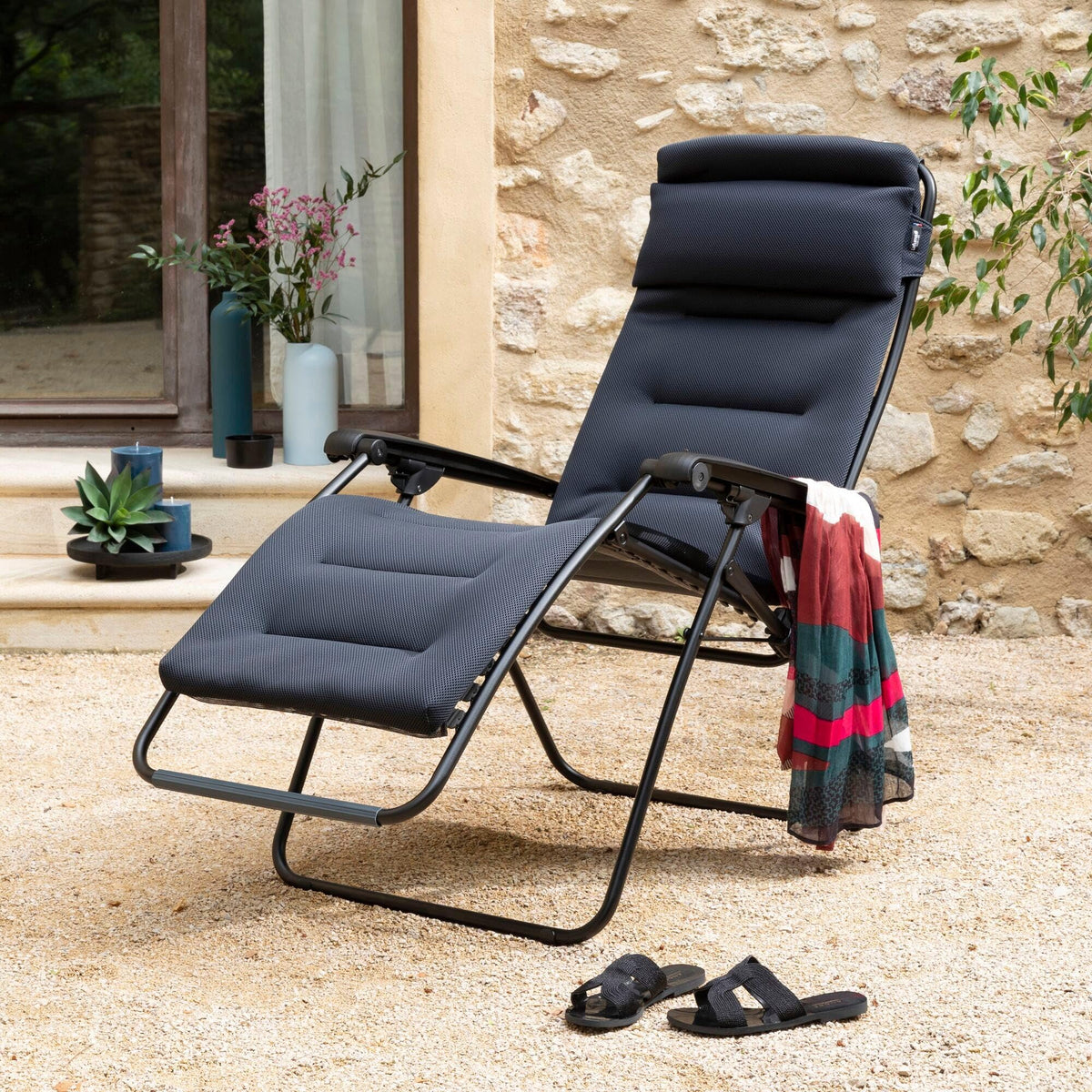 Fauteuil Relax Zéro Gravité Multiposition Pliant Jardin Intérieur Toile AirComfort 3 couches 3D Mesh Noir Acier