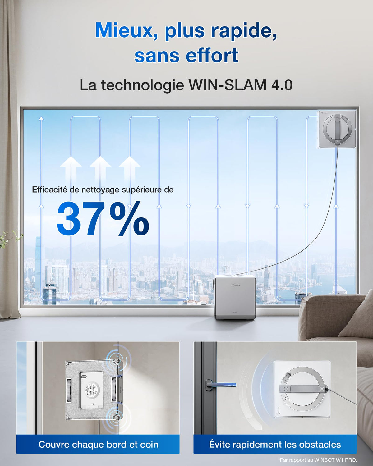 Robot nettoyeur de vitres WINBOT W2 Pro Omni avec station multifonction buse triple pulvérisation système de protection 12 niveaux