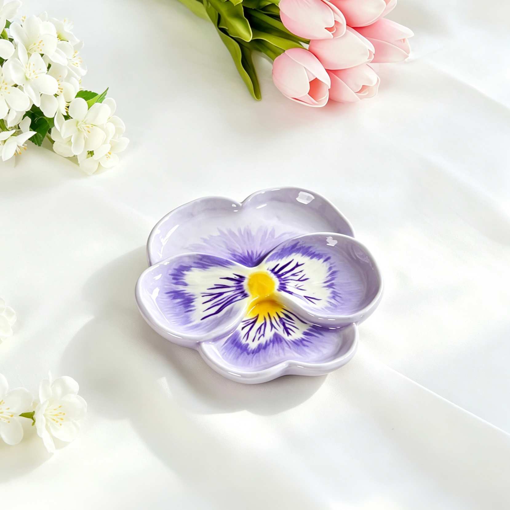 Vide-poches en céramique fait main fleur de pensée, plateau pour bagues, décoration Cottagecore