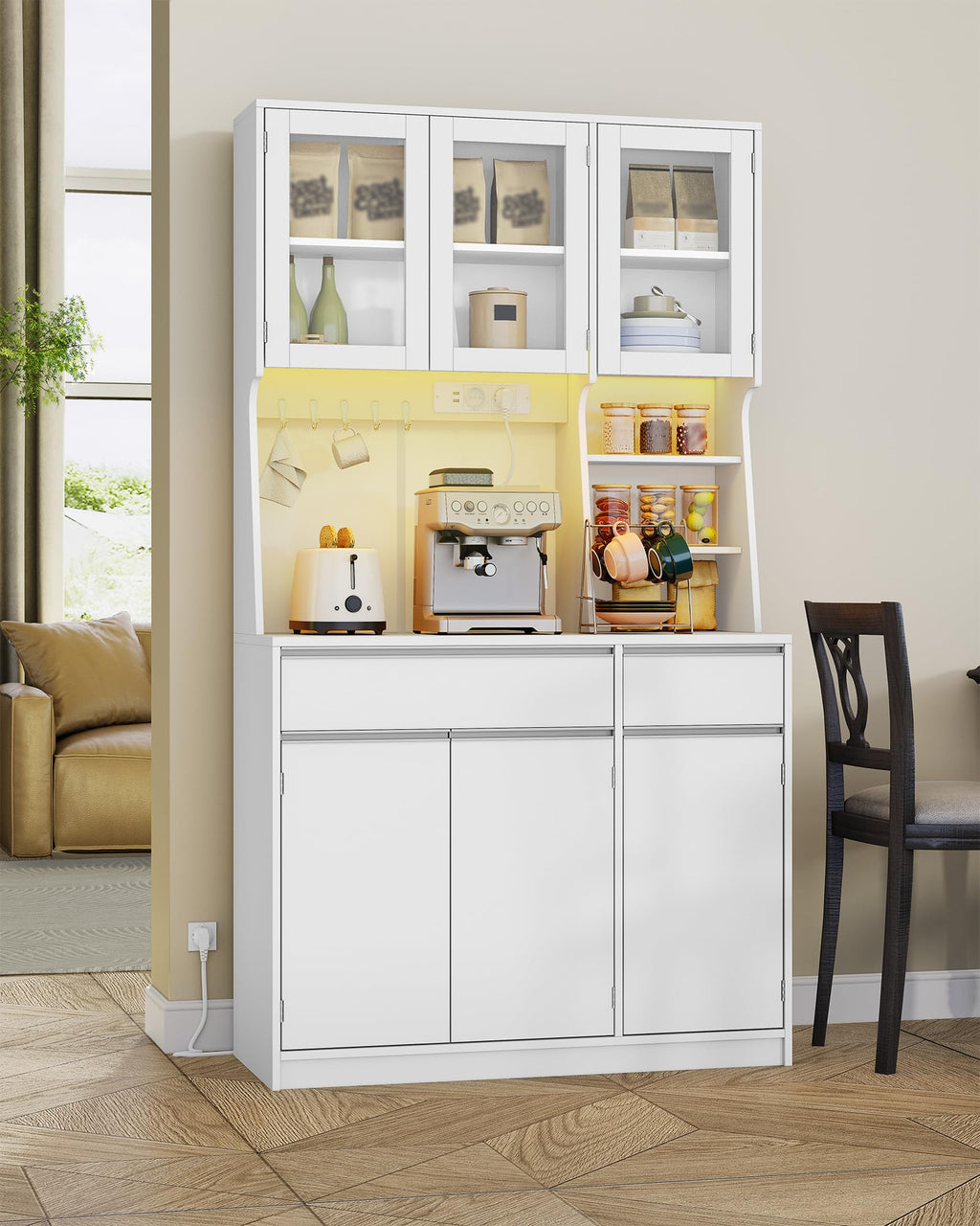 Armoire de cuisine avec rangement et éclairage LED PT00103XEU 40 x 100 x 180 cm avec prises intégrées et tiroirs
