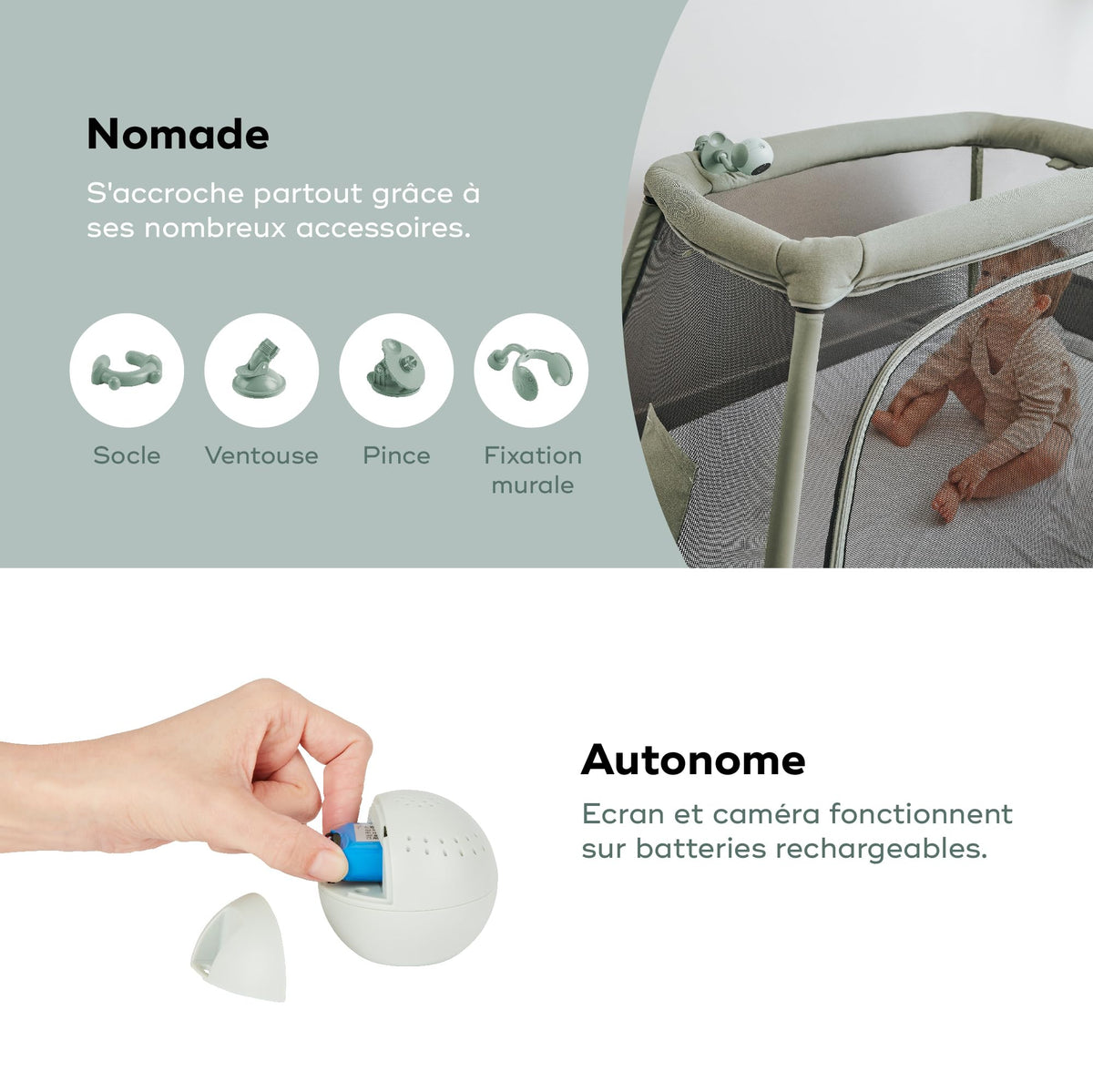 Babyphone caméra YOO Go+ écran HD 5 pouces 720p avec vision nocturne batterie rechargeable supports caméra et berceuses