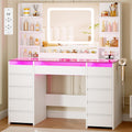 Coiffeuse EFST57W avec miroir LED RGB plateau en verre 11 tiroirs 6 étagères et prises USB 105 x 40 x 140 cm blanc