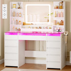 Coiffeuse EFST57W avec miroir LED RGB plateau en verre 11 tiroirs 6 étagères et prises USB 105 x 40 x 140 cm blanc