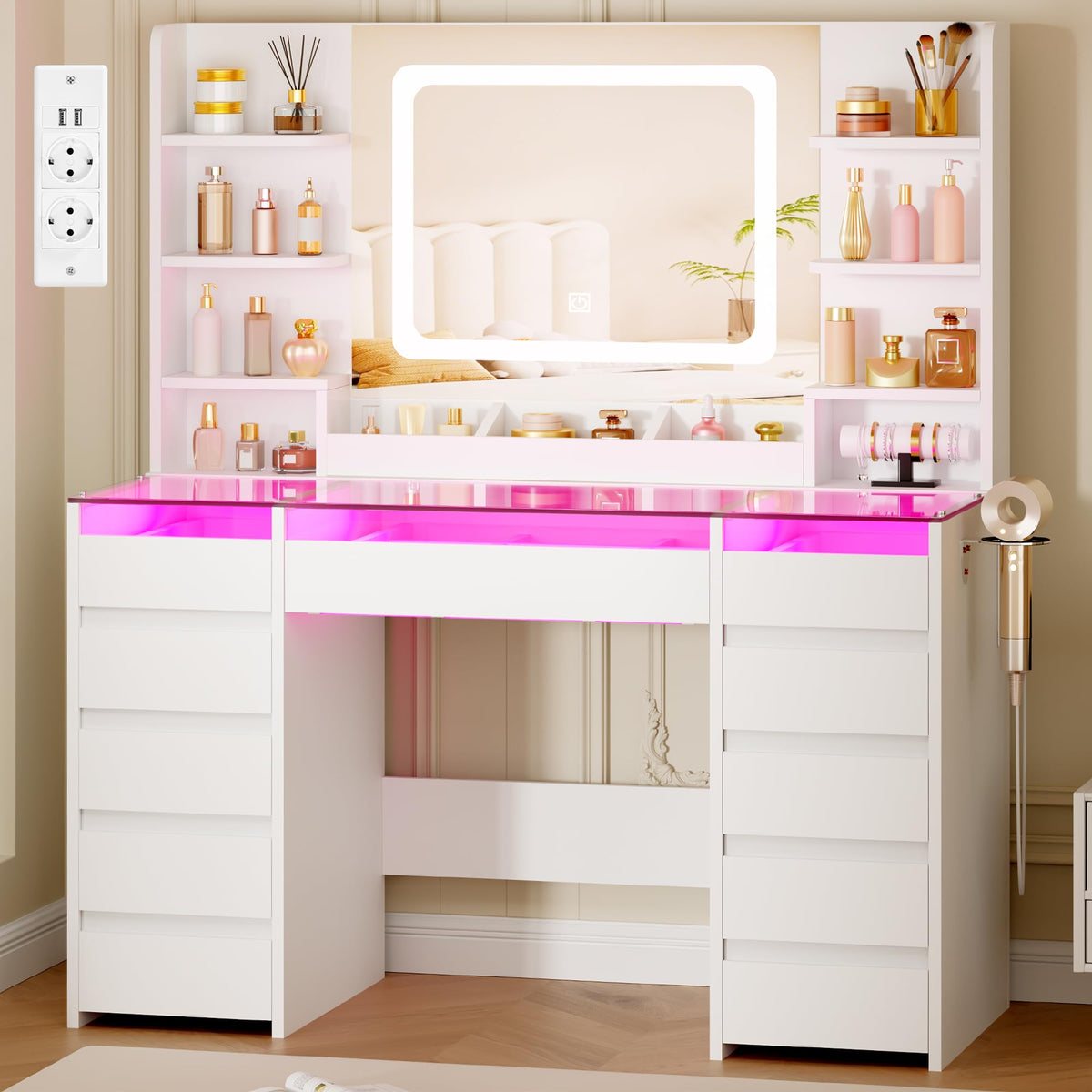 Coiffeuse EFST57W avec miroir LED RGB plateau en verre 11 tiroirs 6 étagères et prises USB 105 x 40 x 140 cm blanc