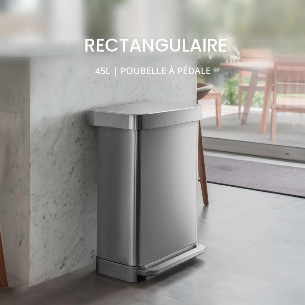 Poubelle de cuisine rectangulaire à pédale en acier inoxydable 45 L avec réserve à sacs fermeture silencieuse et couvercle anti-odeurs