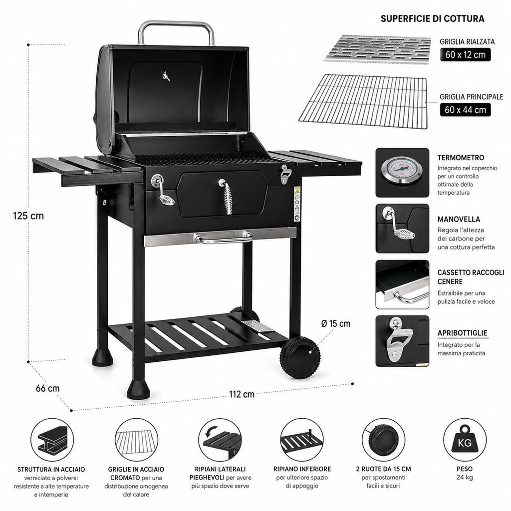 Barbecue à Charbon Extérieur avec Double Grille, Thermomètre, Étagères Latérales, Roues, Grille en Acier Émaillé 112 × 66 × 125 cm