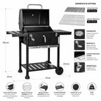 Barbecue à Charbon Extérieur avec Double Grille, Thermomètre, Étagères Latérales, Roues, Grille en Acier Émaillé 112 × 66 × 125 cm