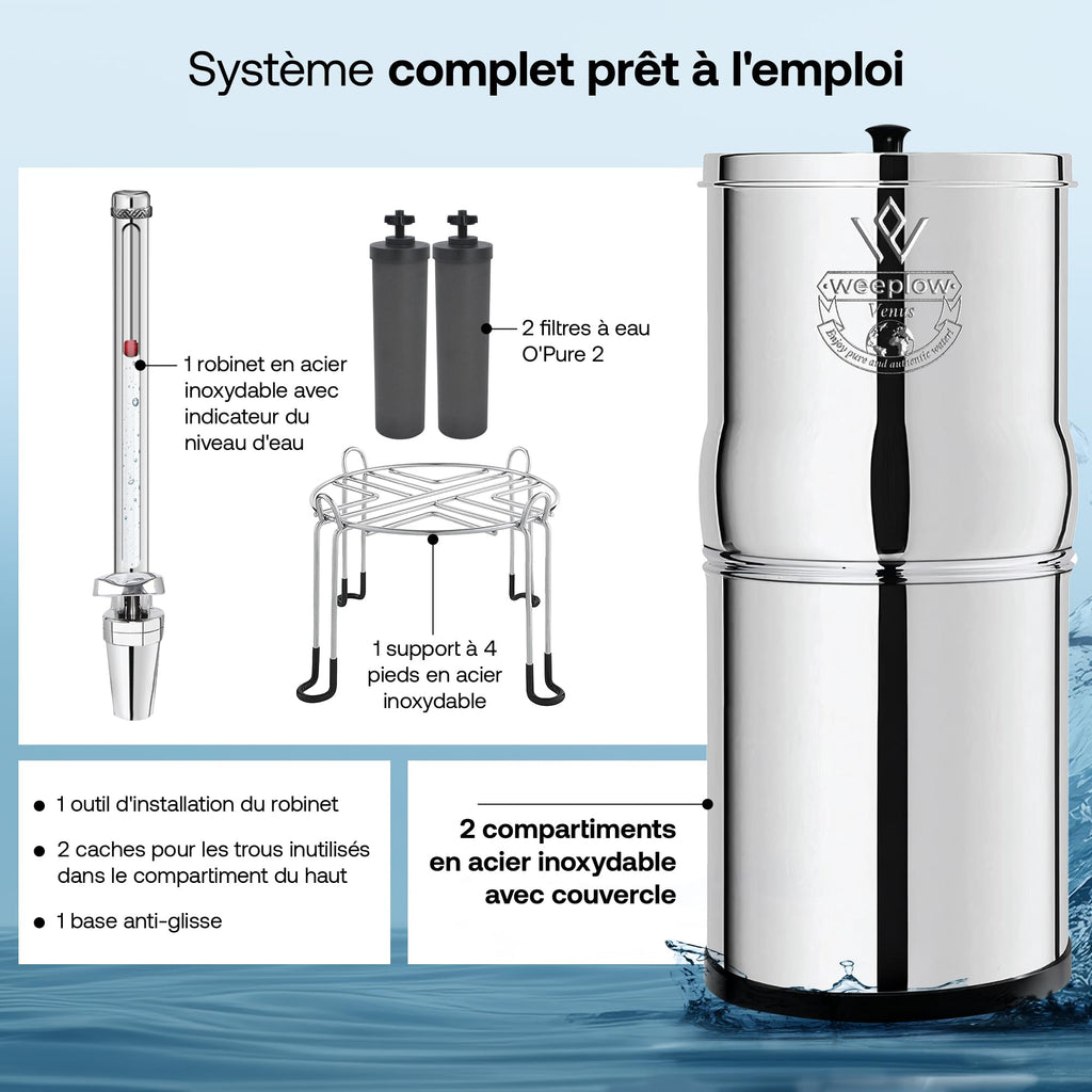 Système de filtration d'eau par gravité Venus 5,6 L en acier inoxydable AISI 304 avec robinet niveau d'eau et filtres O'Pure 2