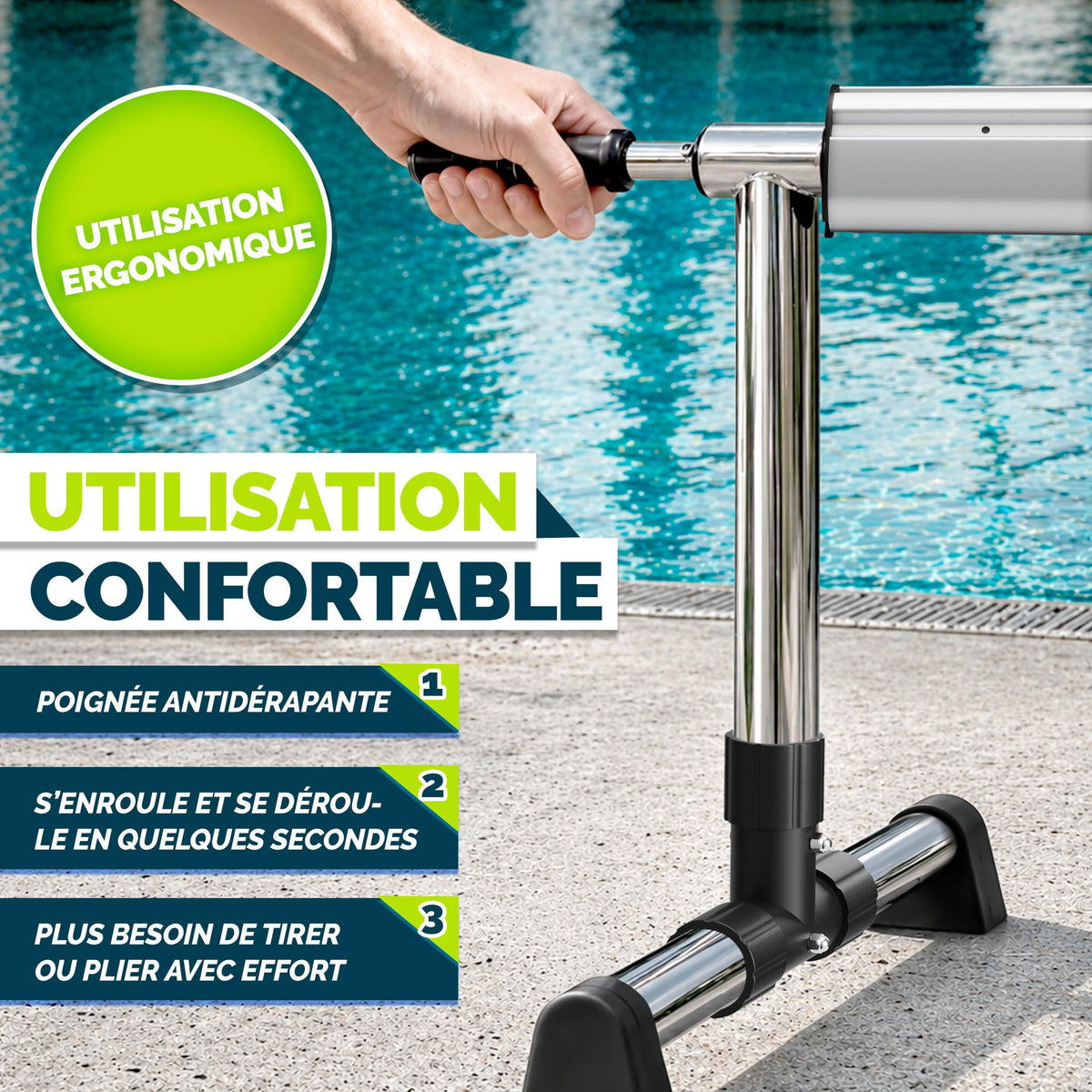 Enrouleur de Piscine 3-5,70 m avec Tube Télescopique 5 Sections et Fixations pour Bâche Solaire