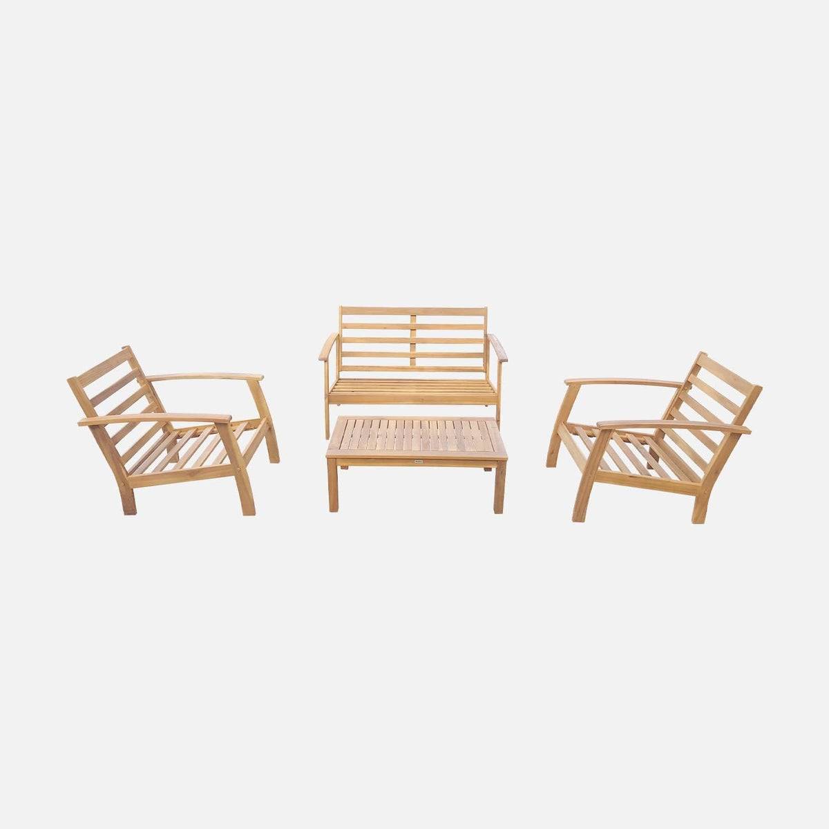 Salon jardin bois 4 places canapé fauteuils table basse acacia coussins vert de gris