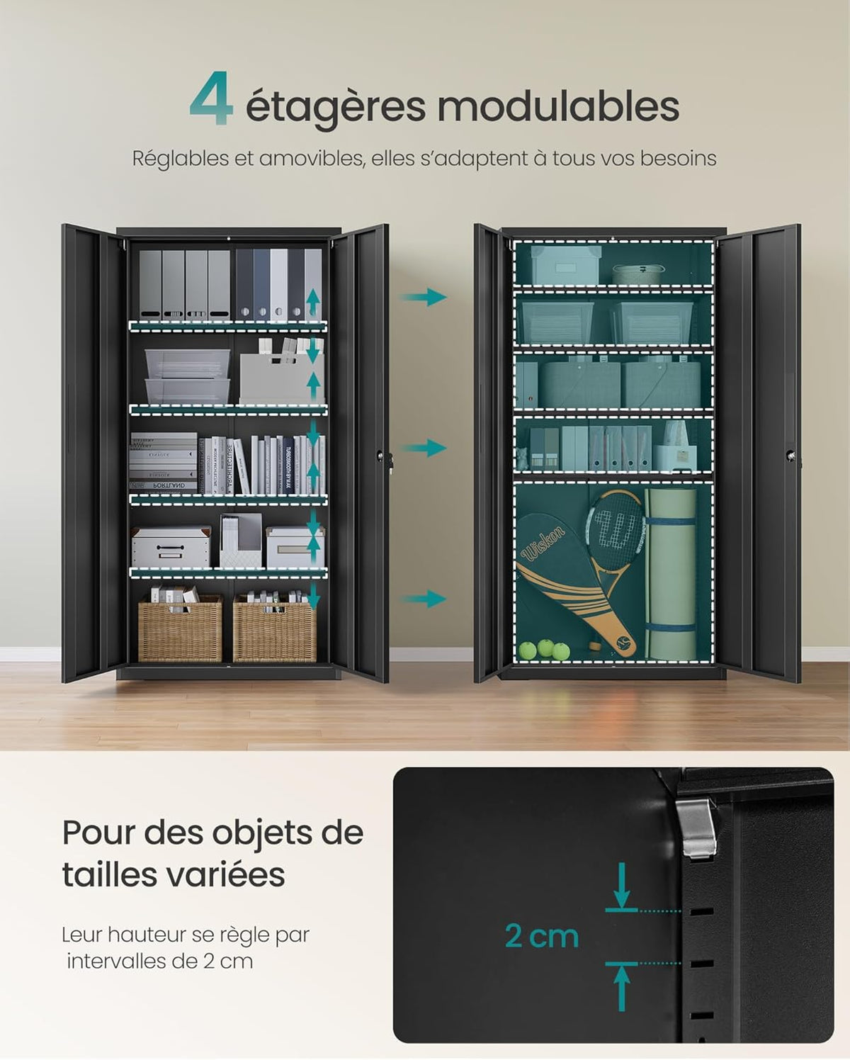 Armoire de rangement en acier OMC015B01 40 x 80 x 180 cm 5 niveaux portes doubles avec serrure noir mat