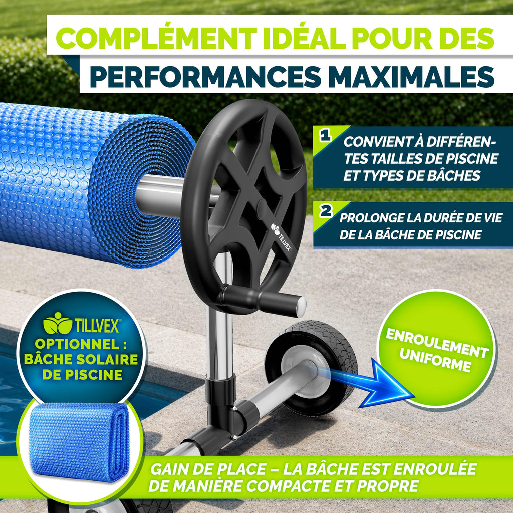 Enrouleur de Piscine 3-5,70 m avec Tube Télescopique 5 Sections et Fixations pour Bâche Solaire