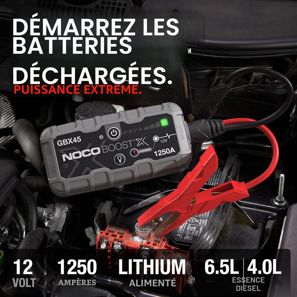 Booster batterie lithium GBX45 12V 1250A démarreur voiture portable avec powerbank USB-C et lampe LED pour moteur essence 6,5L diesel 4,0L
