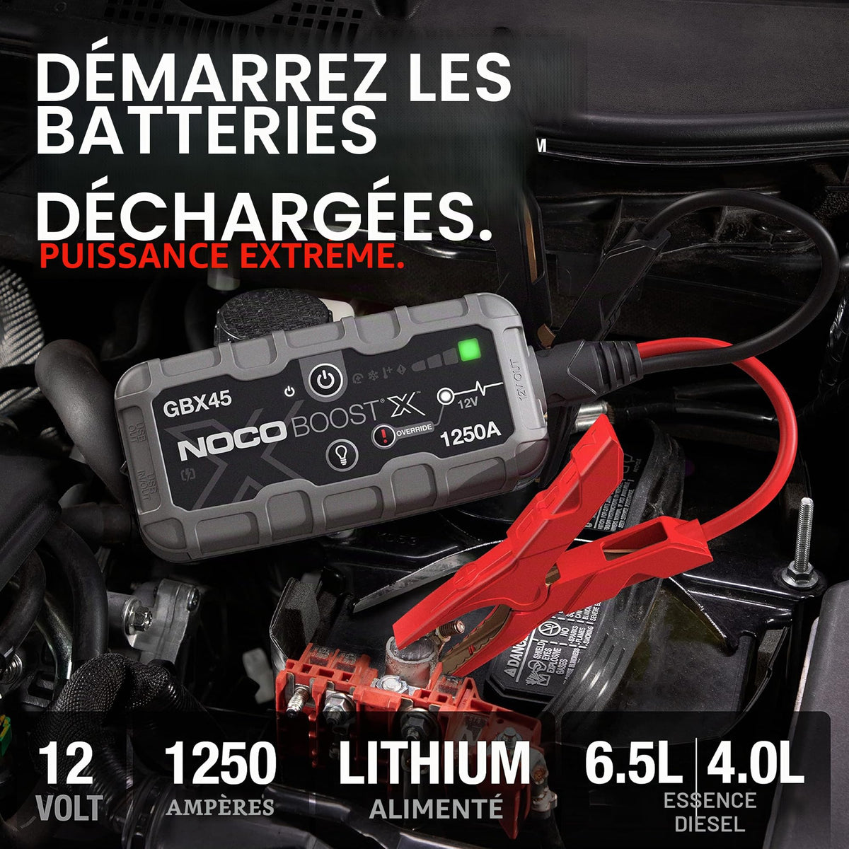 Booster batterie lithium GBX45 12V 1250A démarreur voiture portable avec powerbank USB-C et lampe LED pour moteur essence 6,5L diesel 4,0L