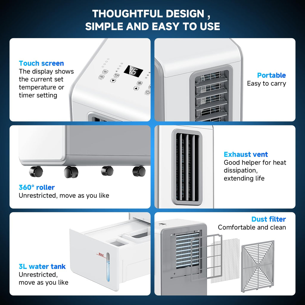 Climatiseur mobile 9000 BTU 4 en 1 refroidissement ventilation déshumidification modèle portable avec minuterie 24 h 3 vitesses