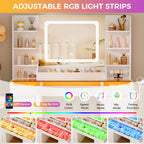 Coiffeuse EFST57W avec miroir LED RGB plateau en verre 11 tiroirs 6 étagères et prises USB 105 x 40 x 140 cm blanc