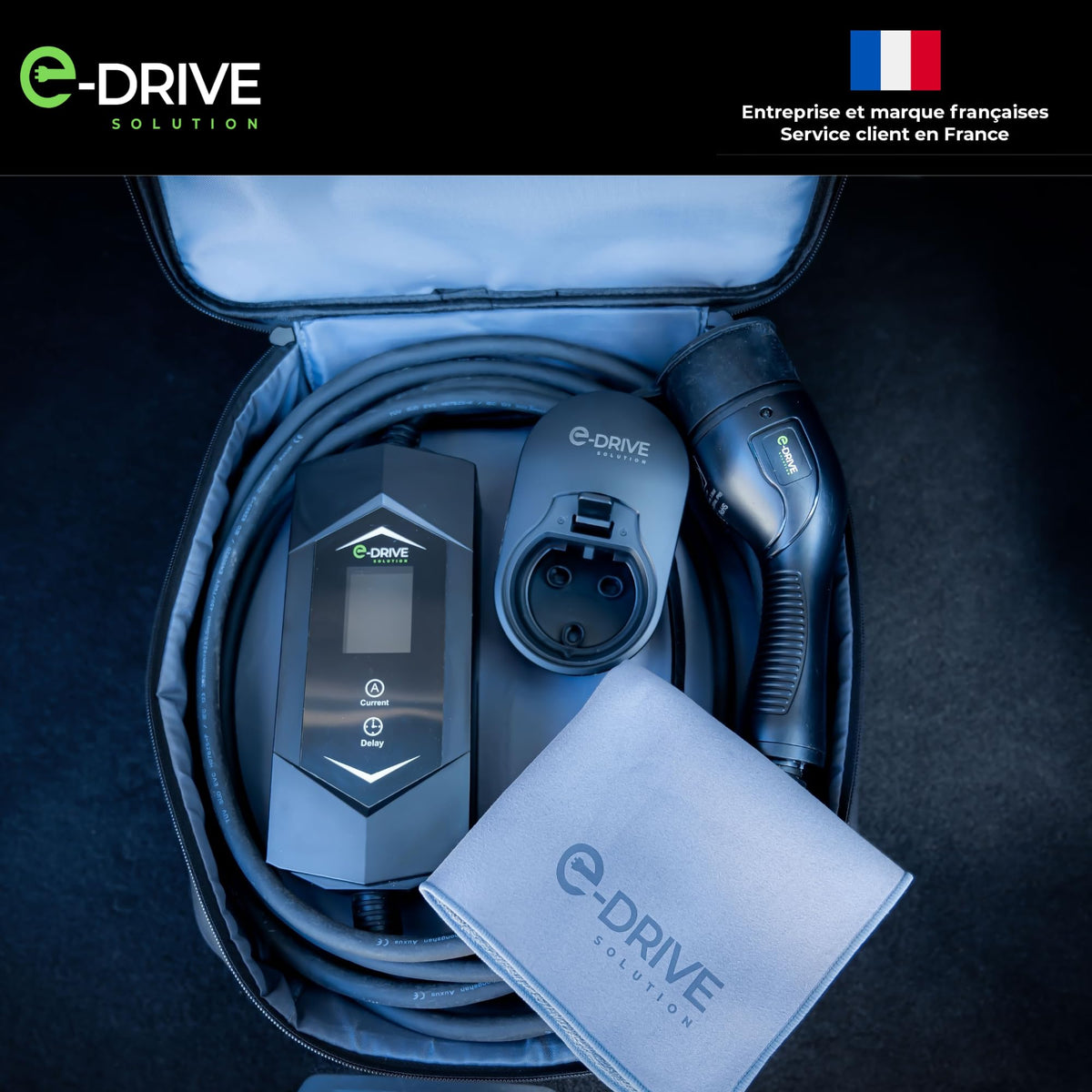 Chargeur voiture électrique Type 2 16A 3,7 kW câble 6m avec écran LCD départ différé support mural protection intégrée