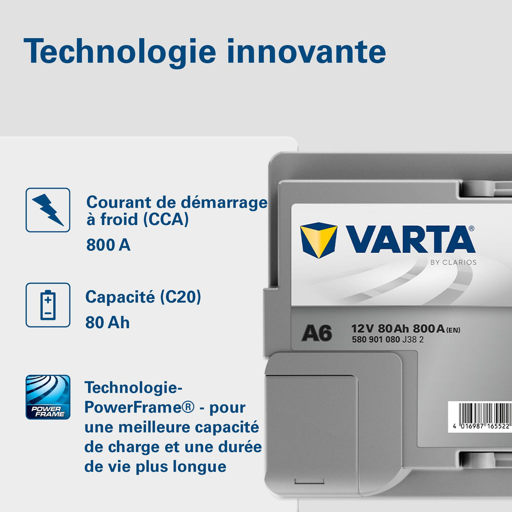 Batterie de démarrage AGM 12V 80Ah 800A Silver Dynamic XEV A6 580901080 pour voiture Start-Stop avec borne SAE