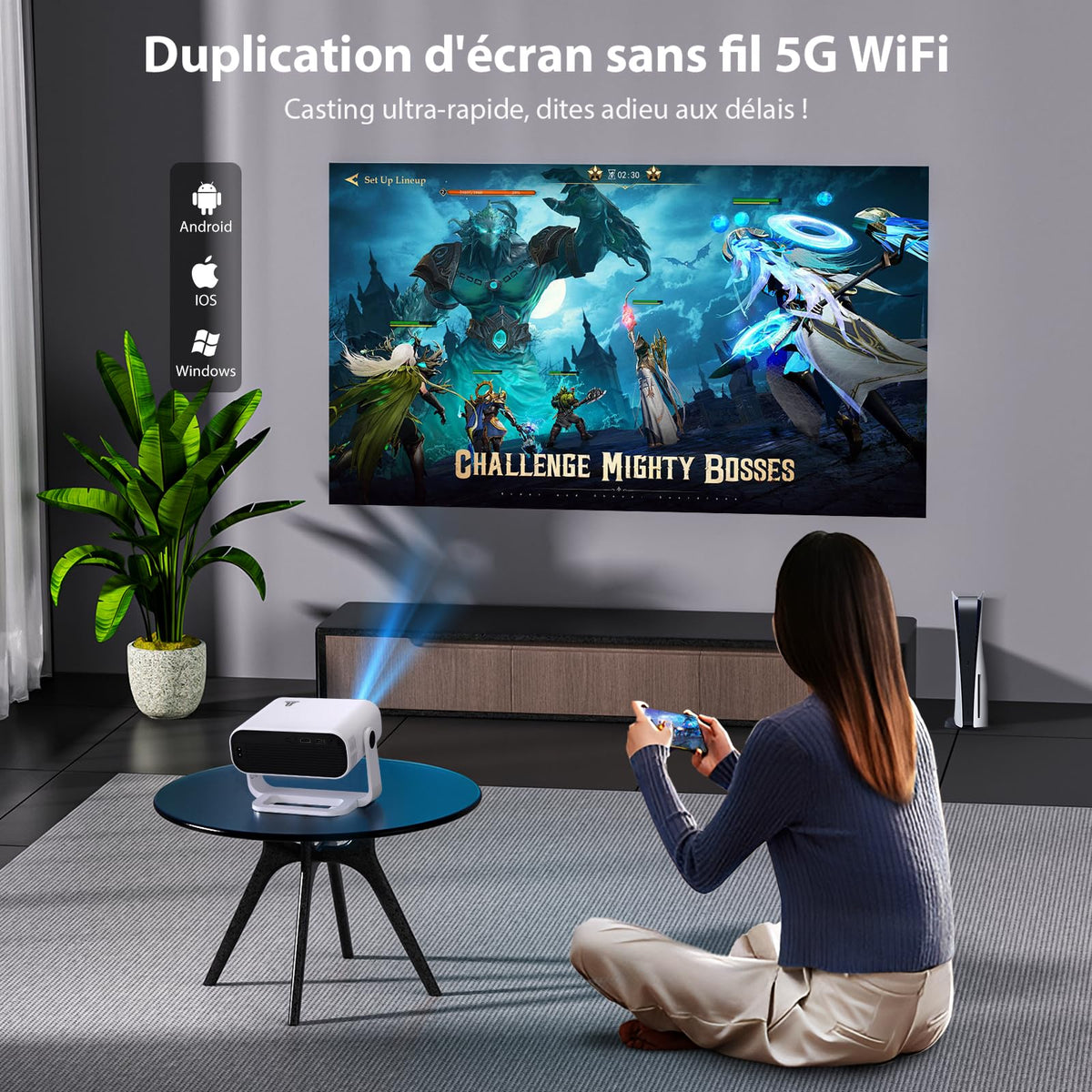 Vidéoprojecteur intelligent 1080P Android 14 4K Wi-Fi 6 Bluetooth 5.2 240 ANSI Focus électrique HDMI USB portable