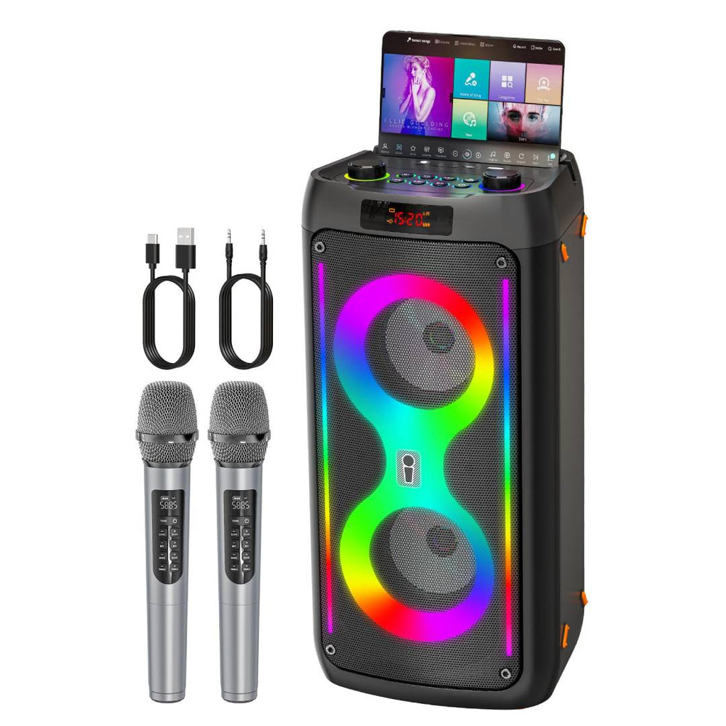 Machine karaoké Bluetooth 60 W avec 2 Microphones sans Fil Batterie 6000 mAh TWS USB TF AUX