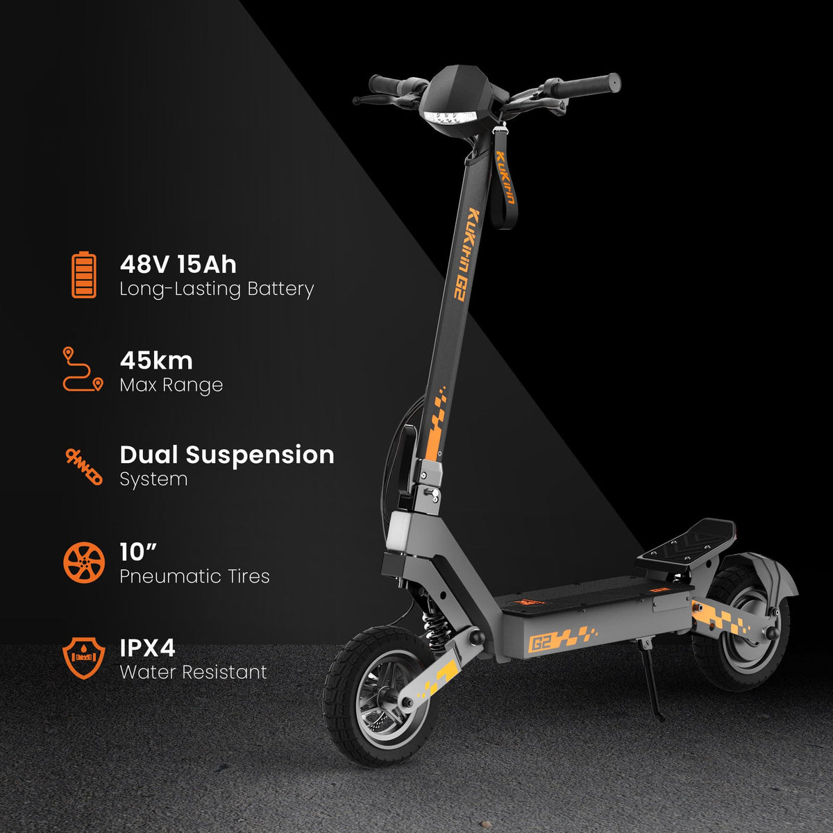 Trottinette électrique G2 adulte pliable 48V 15,6Ah autonomie 55 km pneus tubeless 10 pouces double suspension freins à disque avant arrière