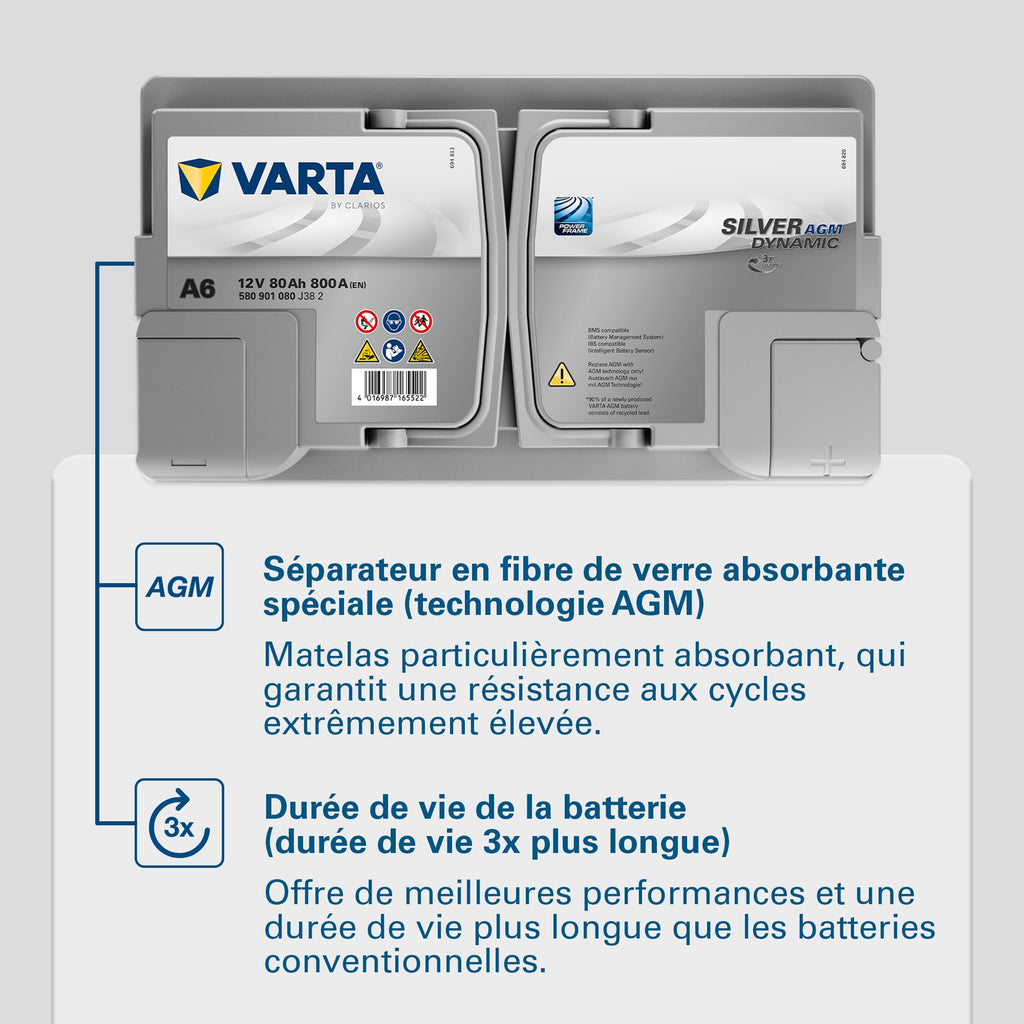 Batterie de démarrage AGM 12V 80Ah 800A Silver Dynamic XEV A6 580901080 pour voiture Start-Stop avec borne SAE