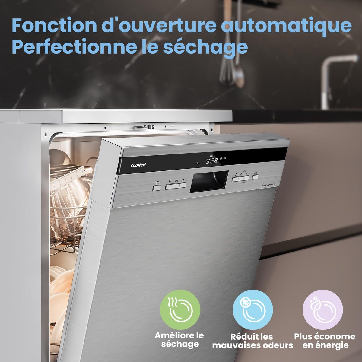 Lave-vaisselle pose libre FD1435E-X 14 couverts 60 cm 8 programmes 44 dB ouverture automatique séchage intensif acier inoxydable