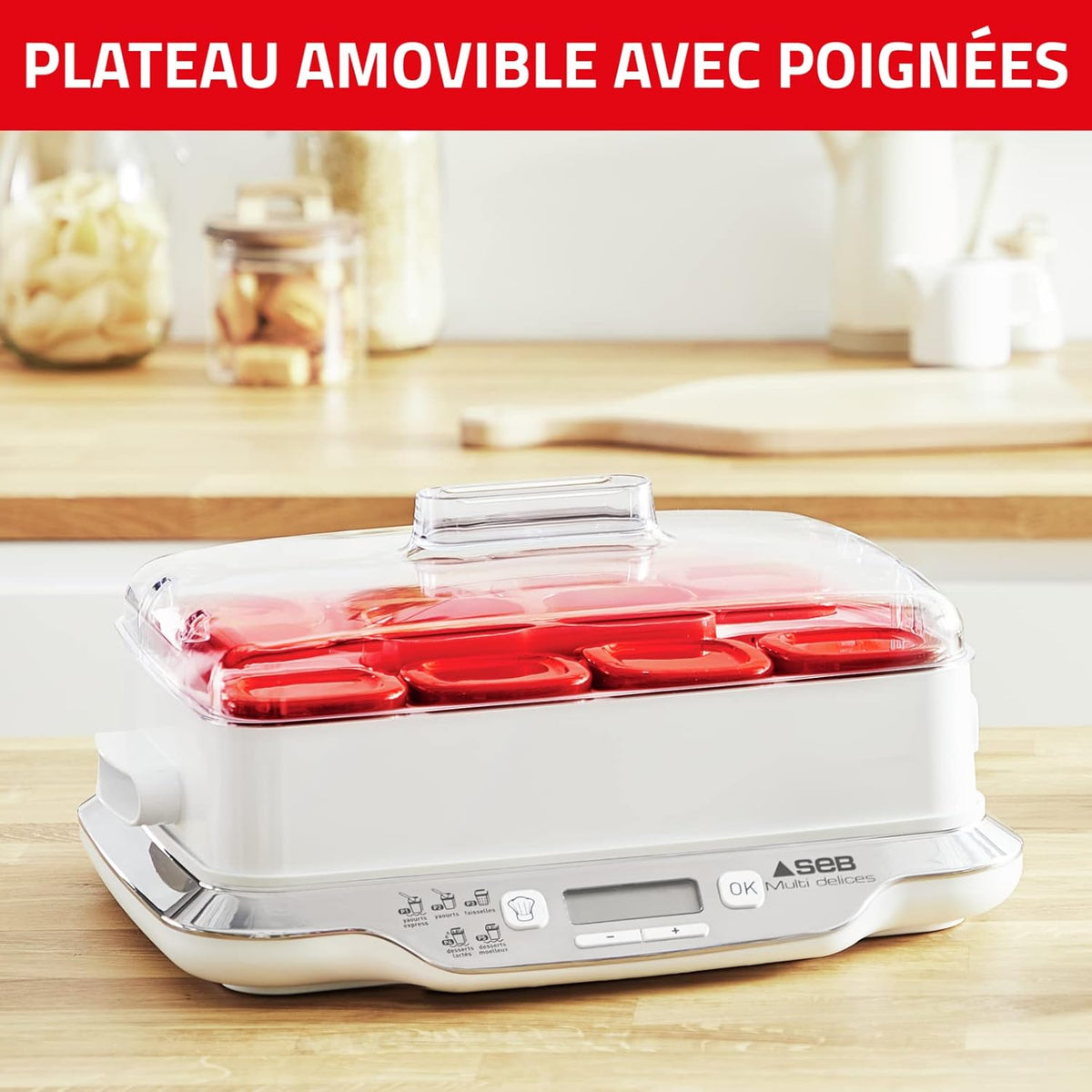 Yaourtière Multi Délices Express YG661500 12 pots verre 140 ml 5 programmes 600 W blanc rouge