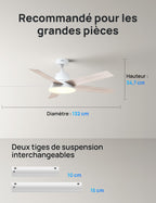 Ventilateur de plafond intelligent LED blanc 132 cm moteur DC silencieux 12 vitesses télécommande application DR-HCF001S