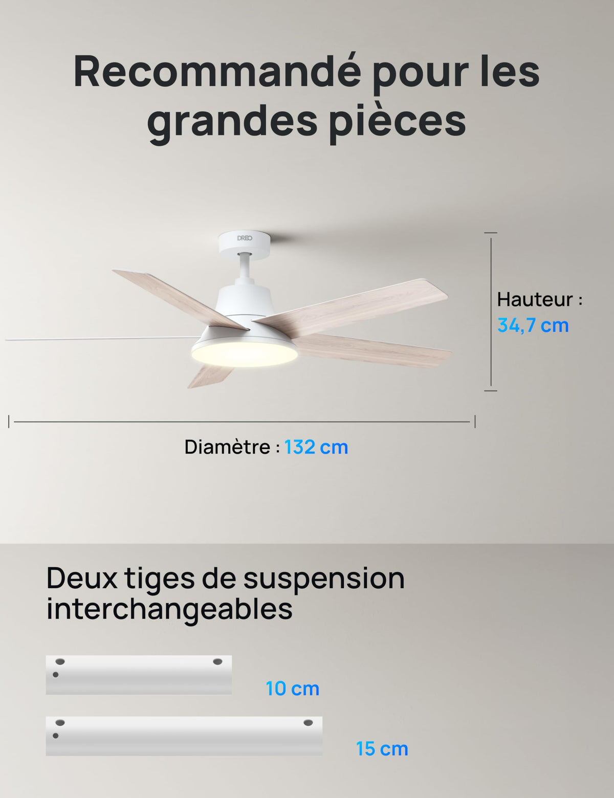 Ventilateur de plafond intelligent LED blanc 132 cm moteur DC silencieux 12 vitesses télécommande application DR-HCF001S
