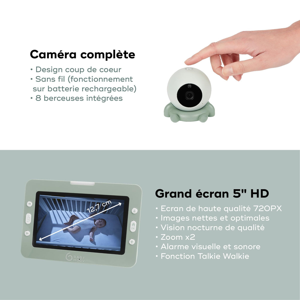 Babyphone caméra YOO Go+ écran HD 5 pouces 720p avec vision nocturne batterie rechargeable supports caméra et berceuses