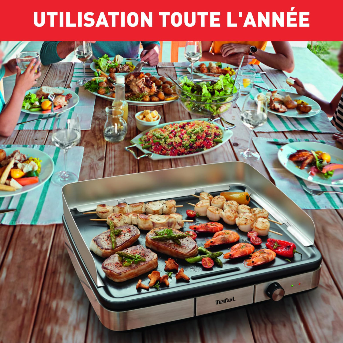 Plancha électrique XXL 2300 W en acier inoxydable plaque antiadhésive thermostat réglable 5 positions usage intérieur extérieur