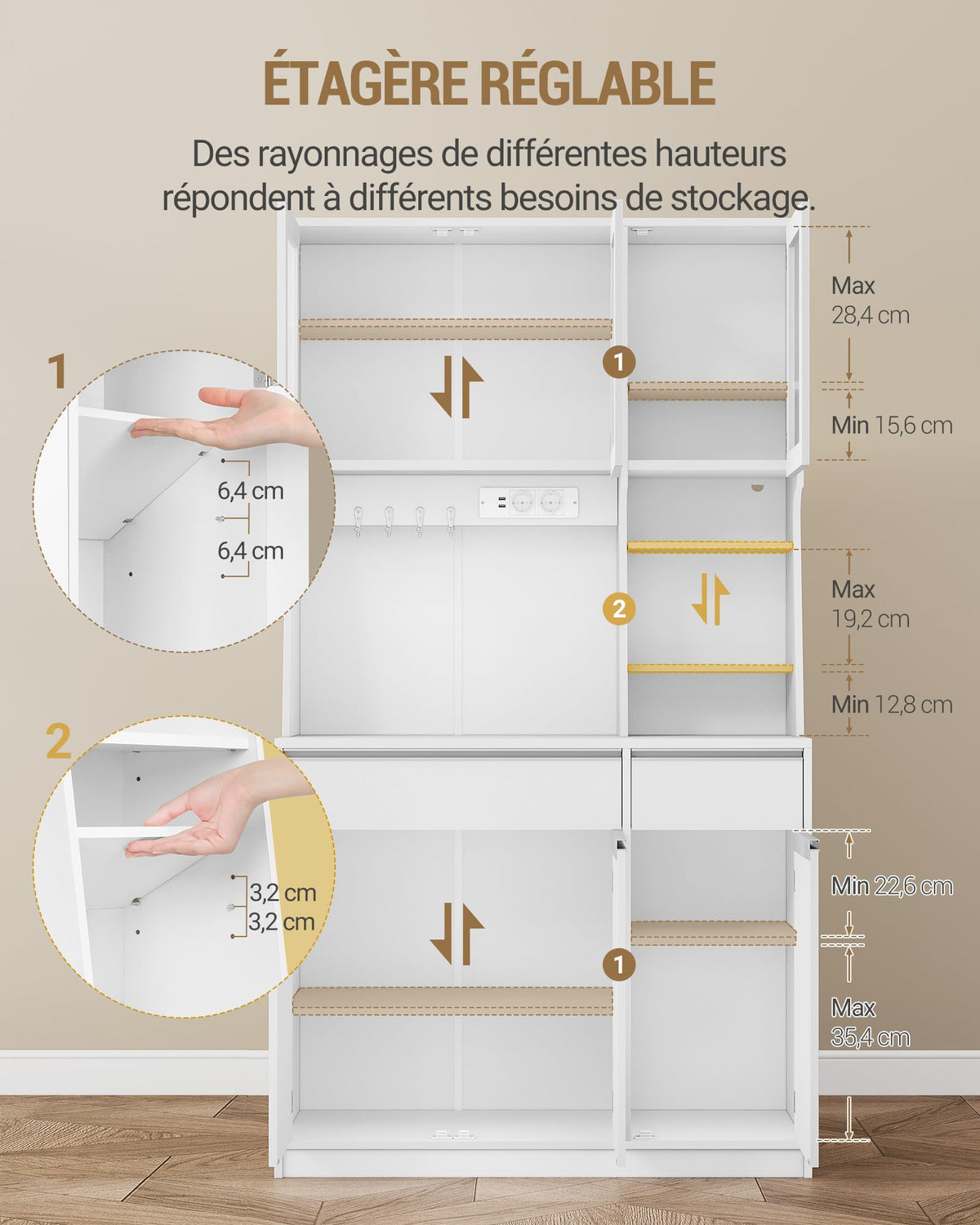 Armoire de cuisine avec rangement et éclairage LED PT00103XEU 40 x 100 x 180 cm avec prises intégrées et tiroirs