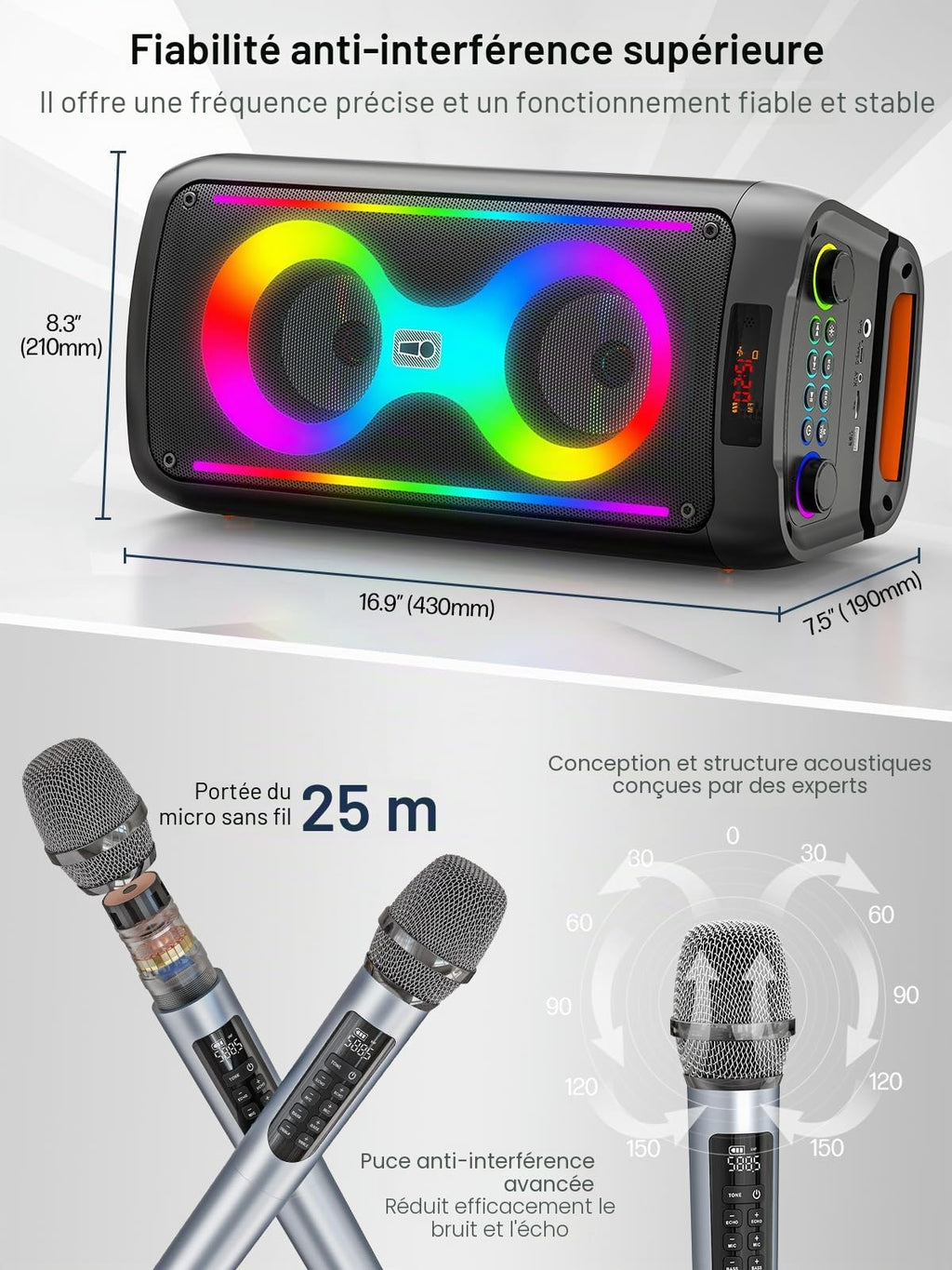 Machine karaoké Bluetooth 60 W avec 2 Microphones sans Fil Batterie 6000 mAh TWS USB TF AUX