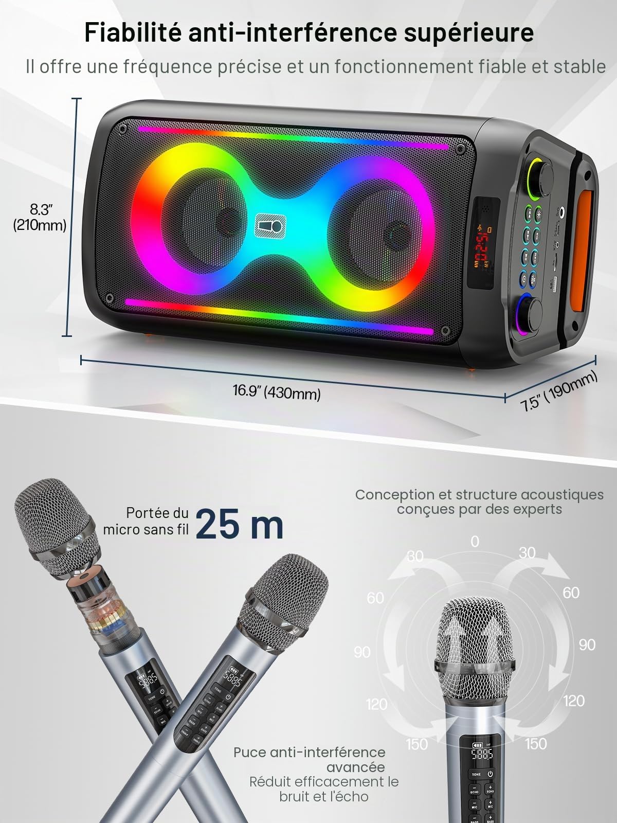 Machine karaoké Bluetooth 60 W avec 2 Microphones sans Fil Batterie 6000 mAh TWS USB TF AUX