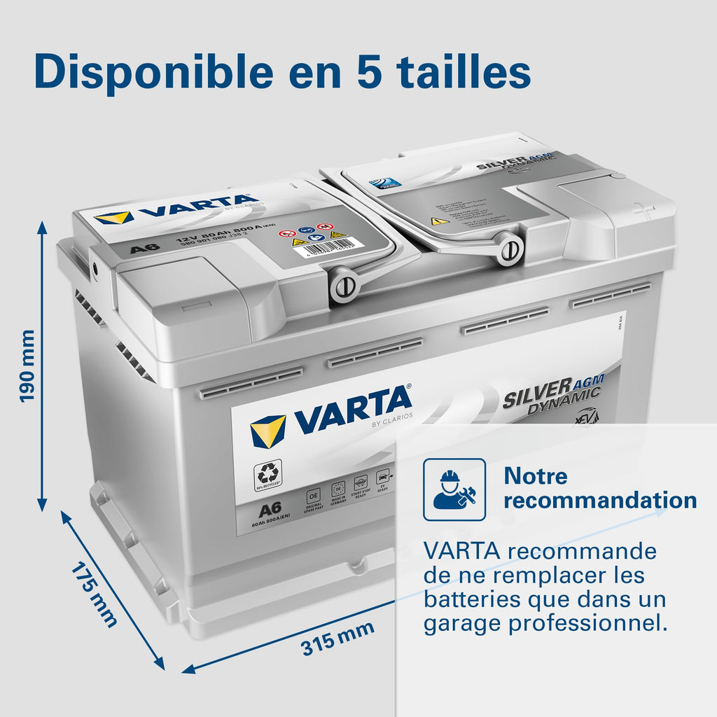 Batterie de démarrage AGM 12V 80Ah 800A Silver Dynamic XEV A6 580901080 pour voiture Start-Stop avec borne SAE