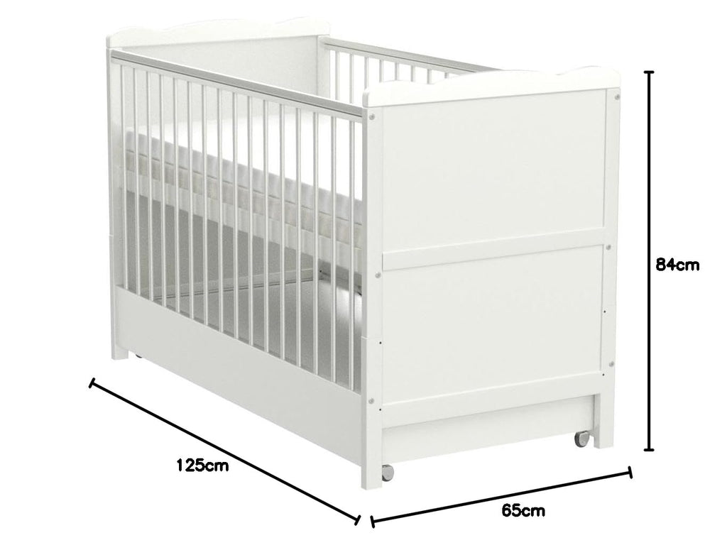 Lit bébé convertible avec tiroir 120x60 cm en bois de pin avec matelas mousse Aloe Vera rails réglables en hauteur
