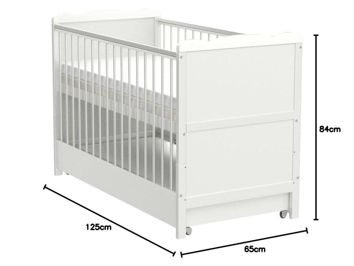 Lit bébé convertible avec tiroir 120x60 cm en bois de pin avec matelas mousse Aloe Vera rails réglables en hauteur