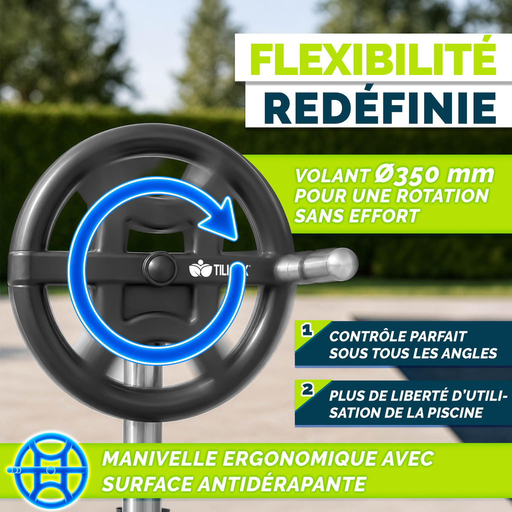 Enrouleur de Piscine 3-5,70 m avec Tube Télescopique 5 Sections et Fixations pour Bâche Solaire