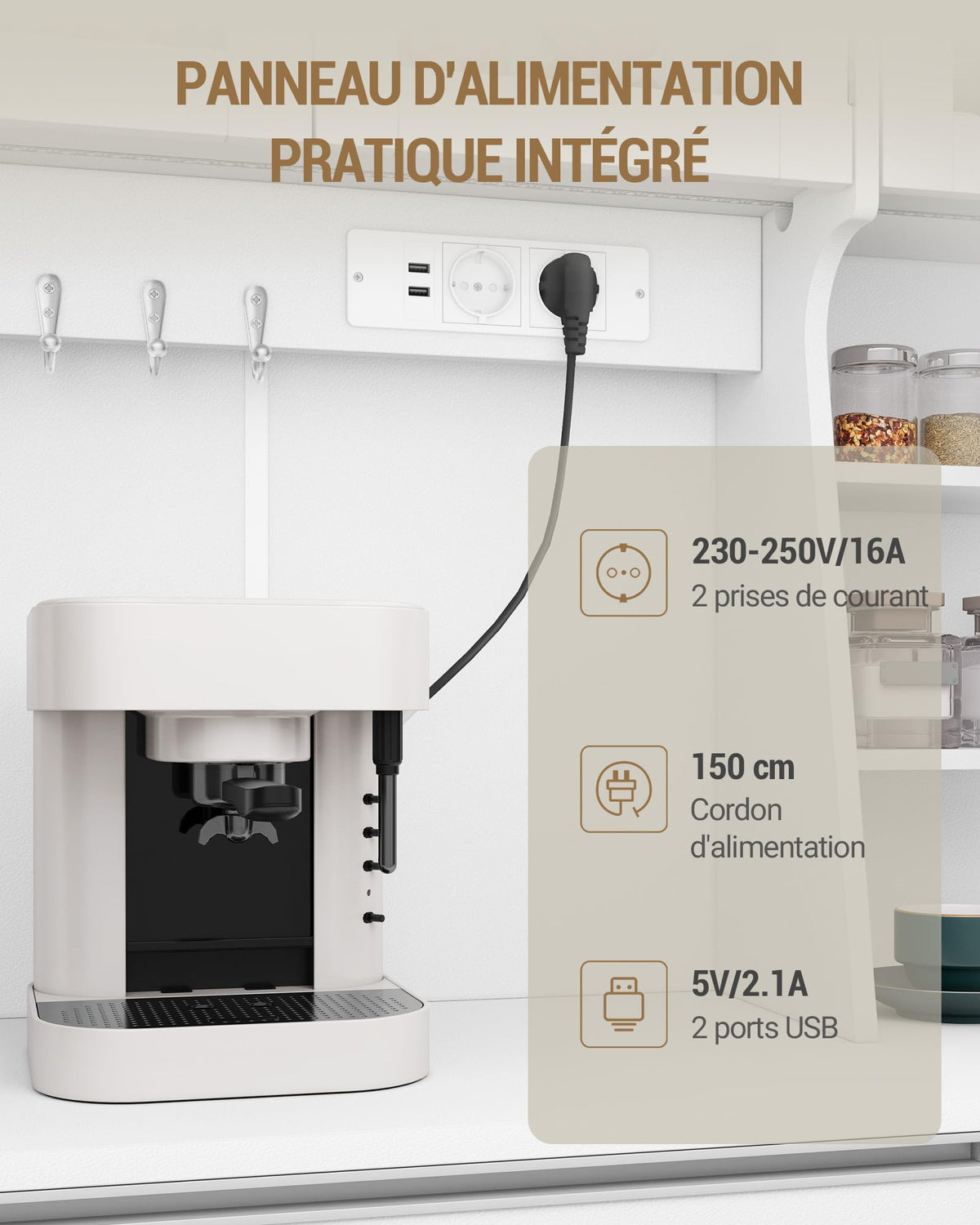 Armoire de cuisine avec rangement et éclairage LED PT00103XEU 40 x 100 x 180 cm avec prises intégrées et tiroirs