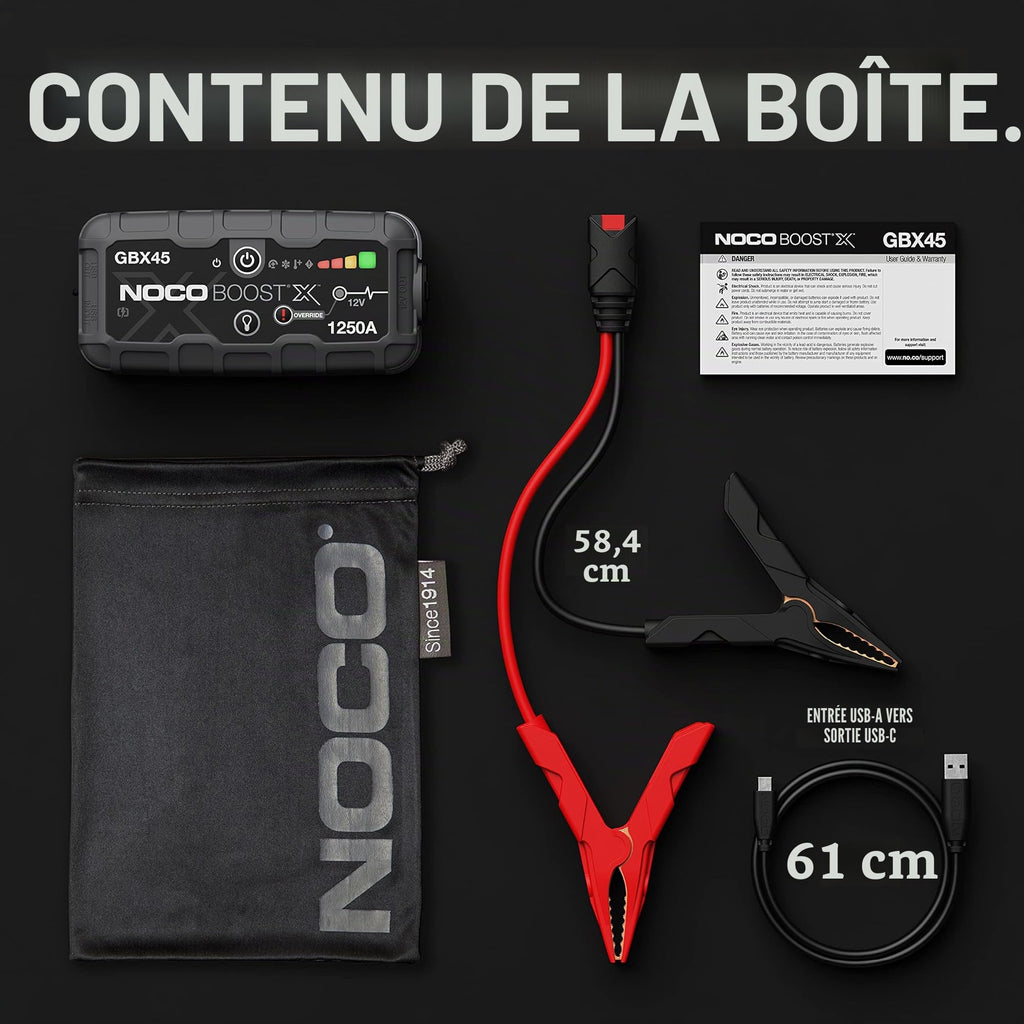 Booster batterie lithium GBX45 12V 1250A démarreur voiture portable avec powerbank USB-C et lampe LED pour moteur essence 6,5L diesel 4,0L