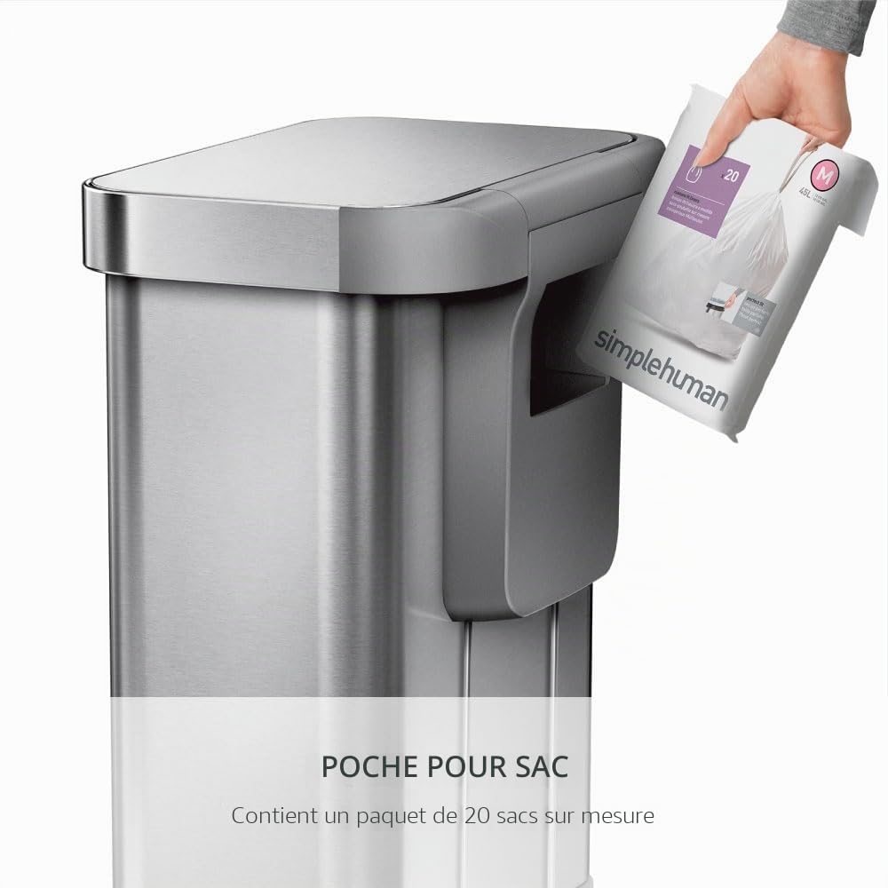 Poubelle de cuisine rectangulaire à pédale en acier inoxydable 45 L avec réserve à sacs fermeture silencieuse et couvercle anti-odeurs